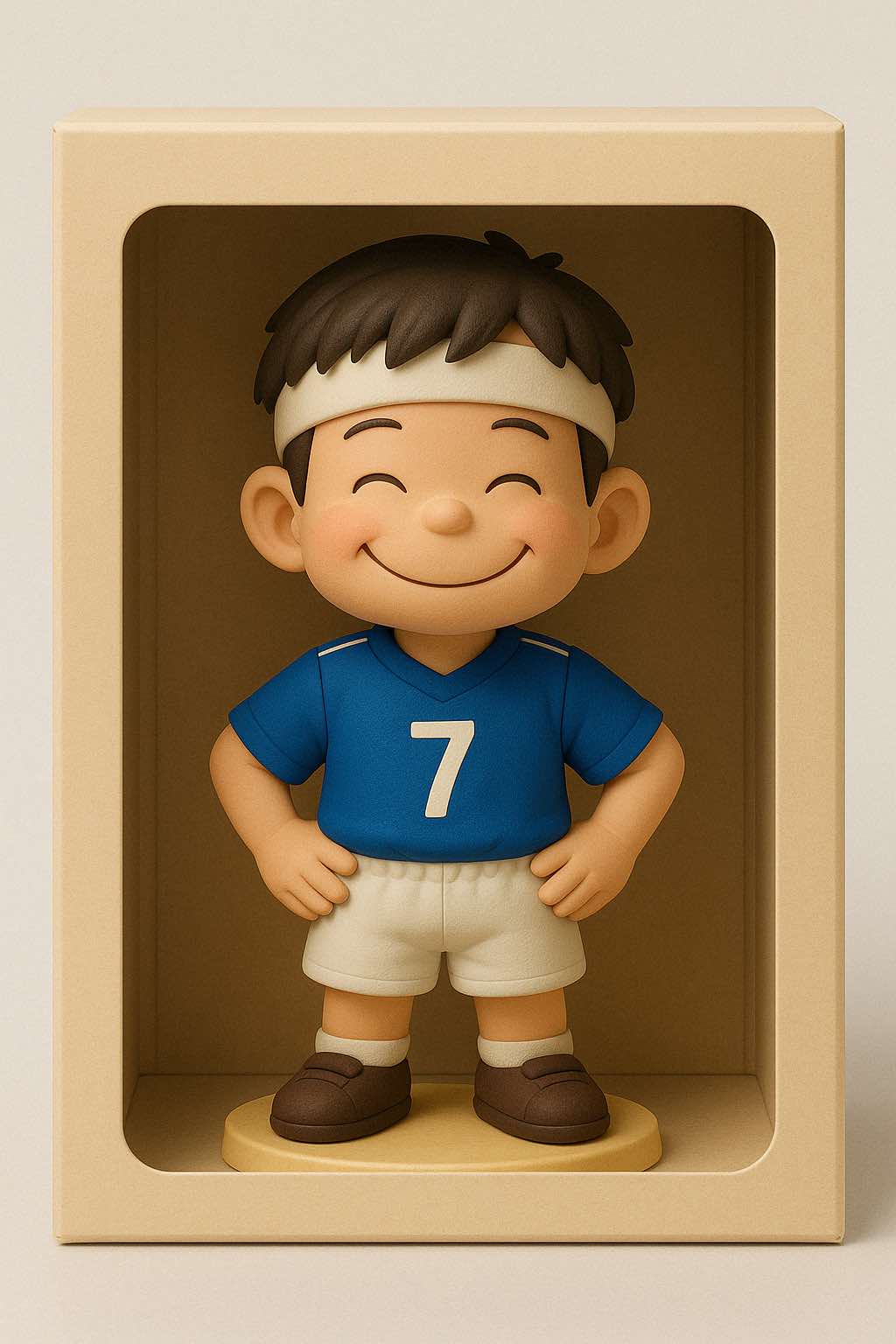 写真をもとに制作されたサッカーユニフォーム姿のQ版フィギュア。元の表情を再現した可愛らしい仕上がり。