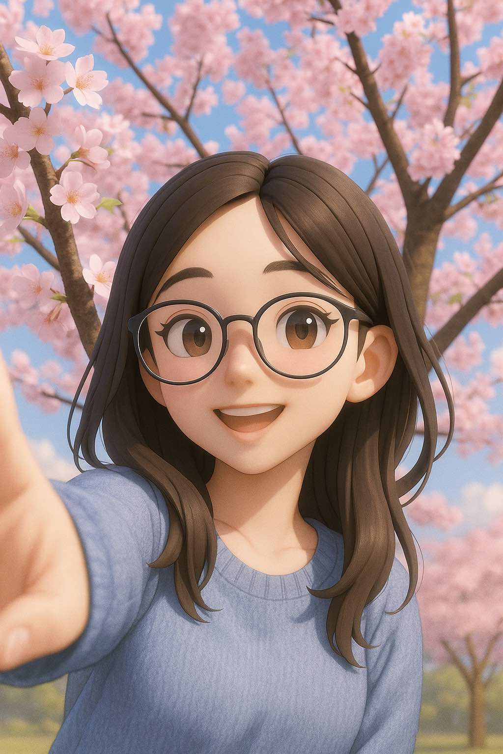 桜の木の下でメガネをかけた30代女性が笑顔で自撮りする3Dアニメ風イラスト
